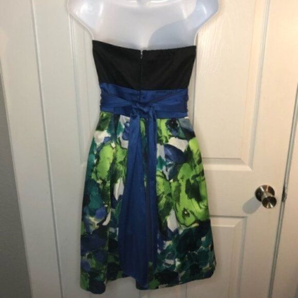 Teeze Me Satin Floral Tulle Underlay Strapless Dress Mini Juniors 9 Blue Black - Picture 4 of 7